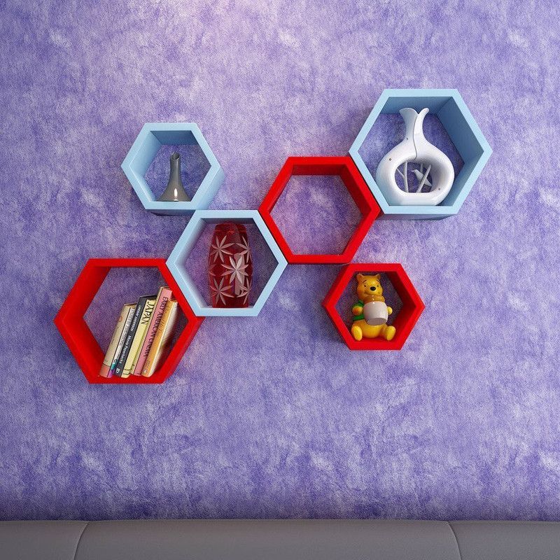UNIQUE CRAFT HOUSE MDF Wall Mount Hexagon Floating Wall Shelf For Home & Living Decor - Red & Blue MDF (Medium Density Fiber), Wooden Wall Shelf  (Number of Shelves - 6, Red, Blue)