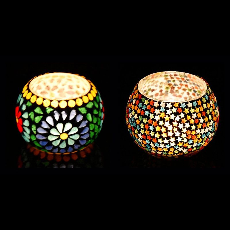 iHandikart Mosaic Tea Light Candle Holder Pack Of 2 (9169) Glass 0 - Cup Tealight Holder  (Multicolor, Pack of 2)