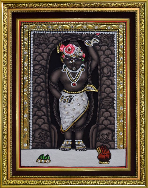 Mukund Arts Shreenathji Shrinathji Mangla hand wood painting gold leaf small wood painting with frame Oil 1.5 inch x 12 inch Painting  (With Frame)