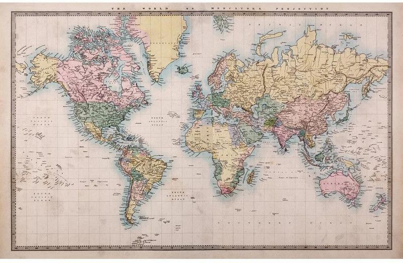Artzfolio World Map on Mercators Projection Circa 1860 Canvas Painting Canvas 16 inch x 25.1 inch Painting  (With Frame)
