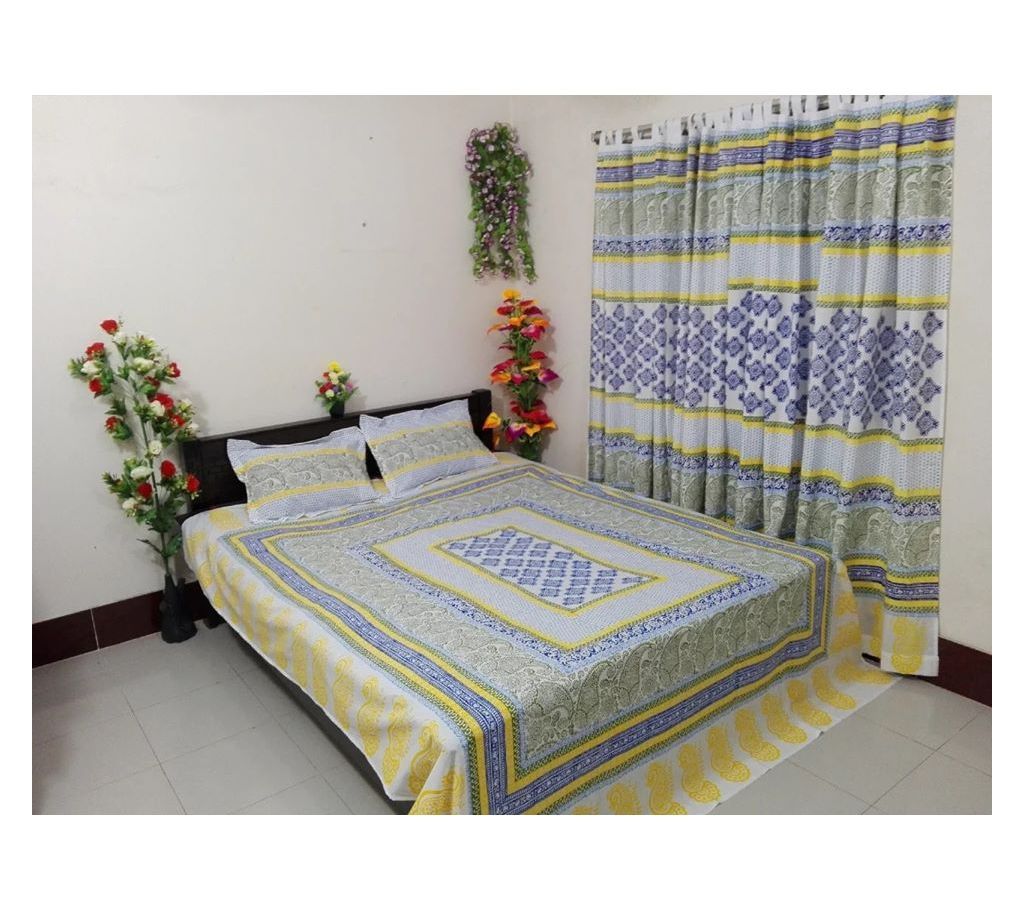King Size Cotton Multi colors Block Printed Bed Sheet with Matching 2 Pillow Covers-20