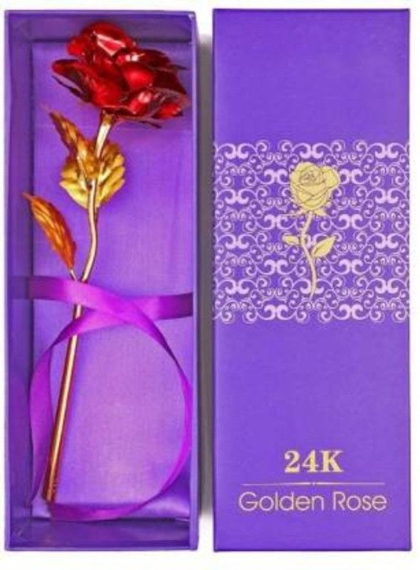 kuku 24K Gold Red Rose Stand Artificial Flower Gold Rose Artificial Flower  (12 inch, Pack of 1, Single Flower)