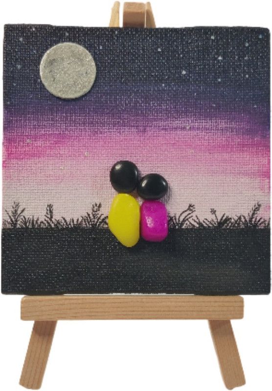 the chick with art trick Love birds pebble painting Embossed 7 inch x 4 inch Painting  (Without Frame)