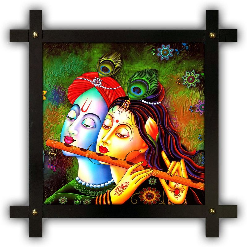 Poster N Frames Cross Wooden Frame Hand-Crafted with photo of Radha Krishna 17463 Digital Reprint 16.5 inch x 16.5 inch Painting  (With Frame)
