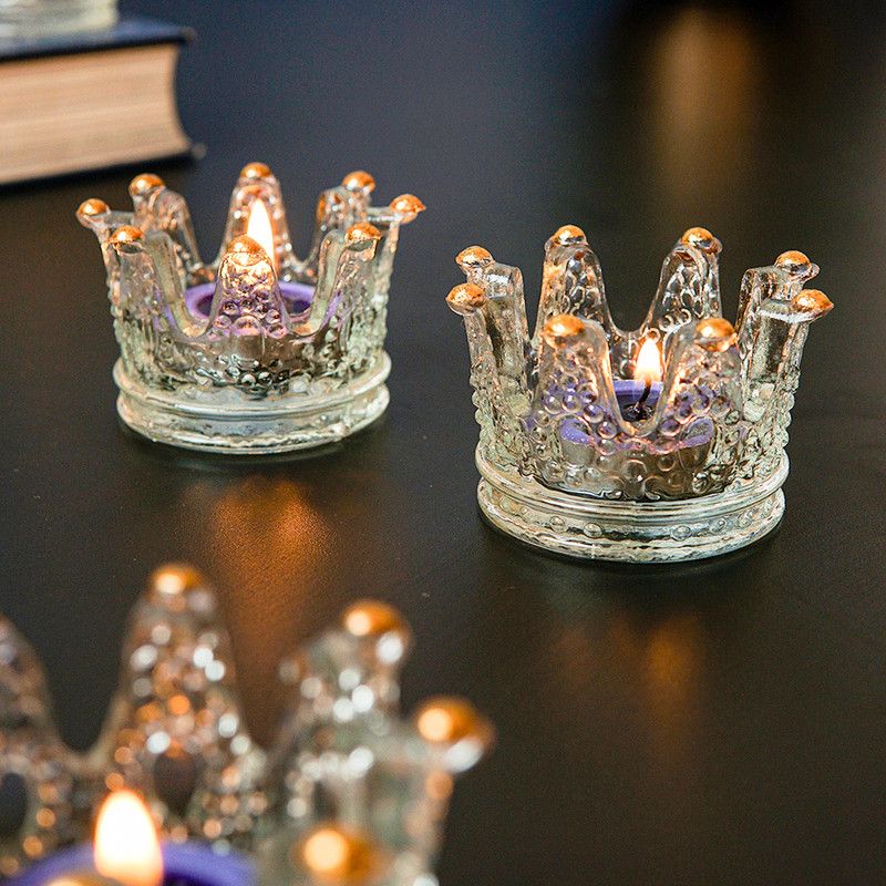 StatueStudio Tealight Candle Holder 2 Crystal Crown Tealight Candle Stand for Décor & Gift Glass 2 - Cup Tealight Holder Set  (White, Pack of 2)