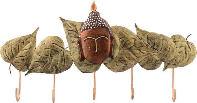 eCraftIndia Buddha Head with Green Leaves Iron Key Holder  (5 Hooks, Red, Brown)