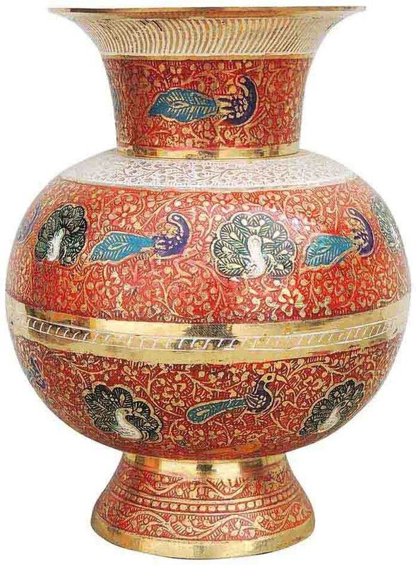 Brass Gift Center Flower pot in Jar shape with Handwork Brass Vase  (8.3 inch, Multicolor)
