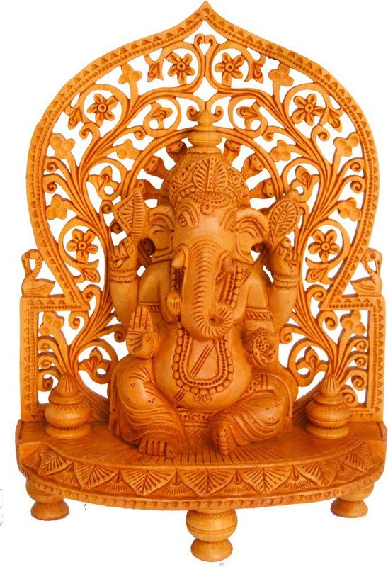 Santarms Wooden Jali Ganesh Statue Decorative Showpiece - 28 cm  (Wood, Multicolor)