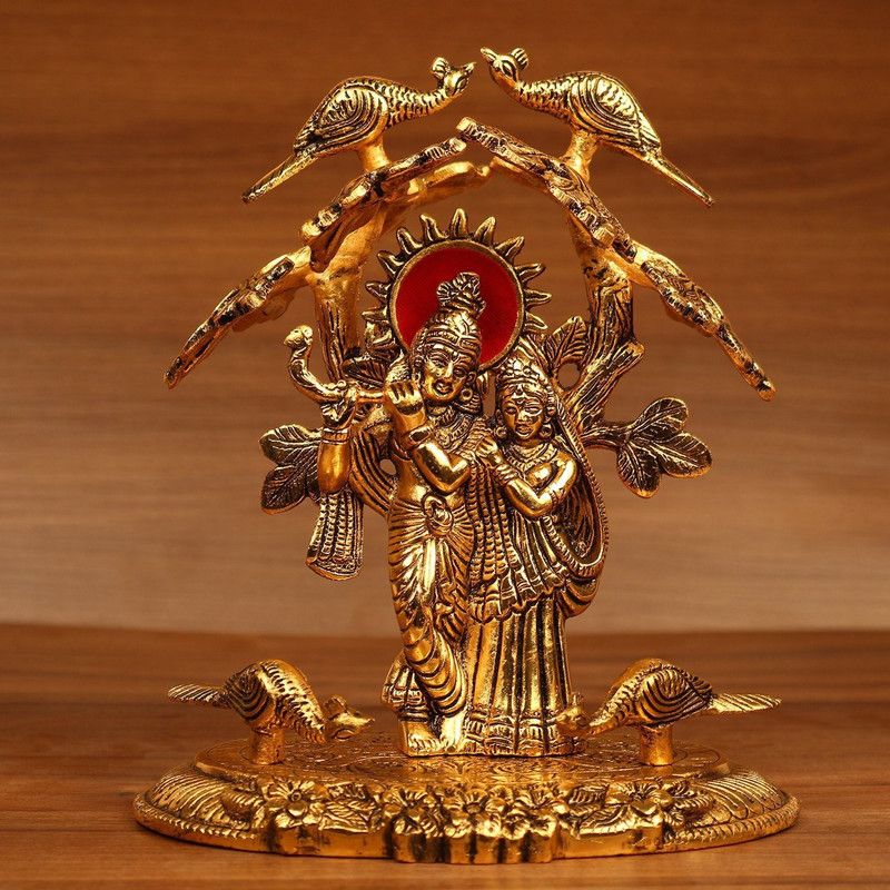 KridayKraft Radha Krishna Standing Playing Flute Under Tree idol Metal Statue Gold Antique Finish for Pooja & Home,Office Decorative,Radha Krishna Murti Showpiece Figurines,Religious idol Gift Article... Decorative Showpiece - 19 cm  (Metal, Gold)