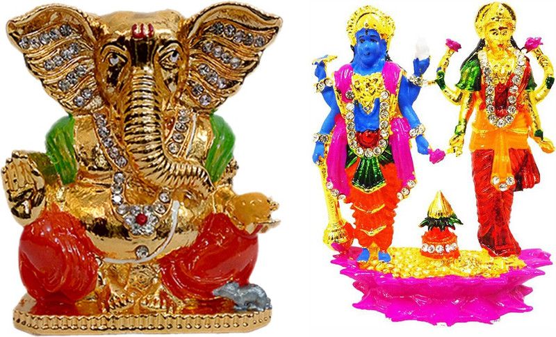 FABZONE Combo of 2 Lord Laxmi Vishnu & Ganesha Car Dashboard Gnapati Idol Spiritual Puja Vastu Figurine - Religious Murti Pooja Gift Item Decorative Showpiece - 6.35 cm  (Brass, Multicolor)