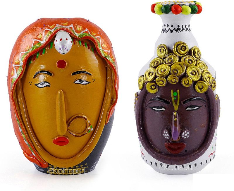 eKolhapuri eKolhapuri Handmade Creative Combo of Two Female M-Seal & Terracotta Showpeice for Home Décor Terracotta Vase  (5.5 inch, Multicolor)