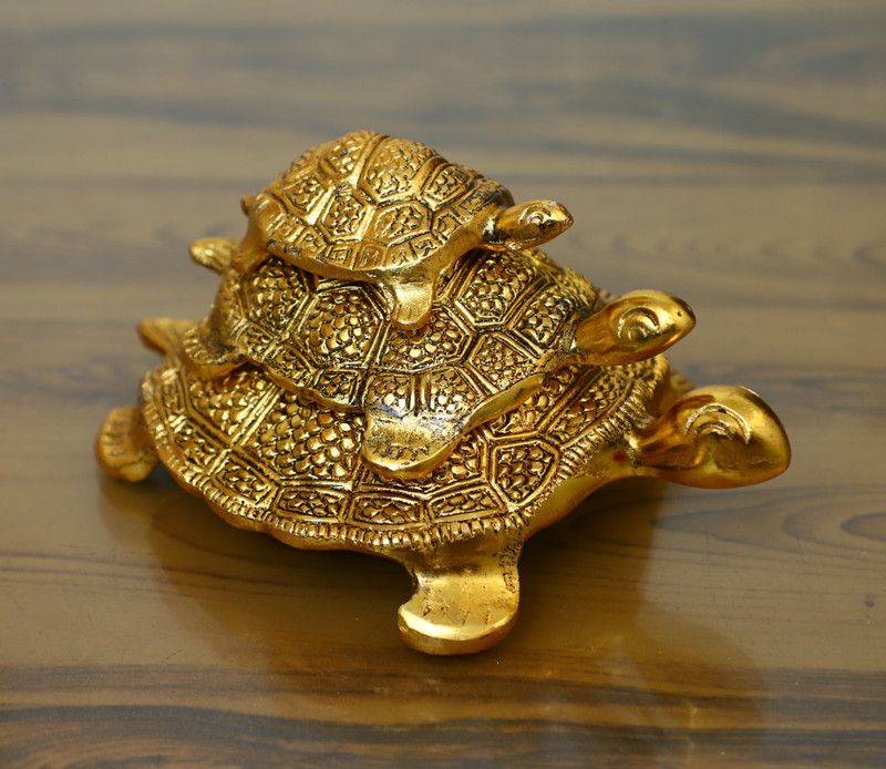 Chhariya Crafts Metal Feng Shui Set Of 3 Tortoise Family for Good Luck Decorative Showpiece - 12.5 cm  (Metal, Gold)