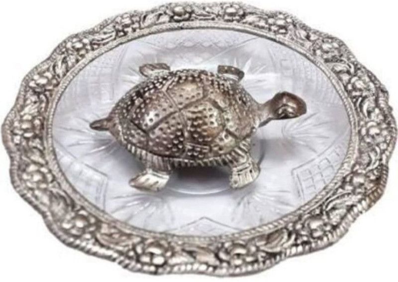 YuviKrissh Silver Oxidized Tortoise With Glass plate for Good Luck Feng Shui Tortoise Decorative Showpiece - 10 cm  (Metal, Silver)