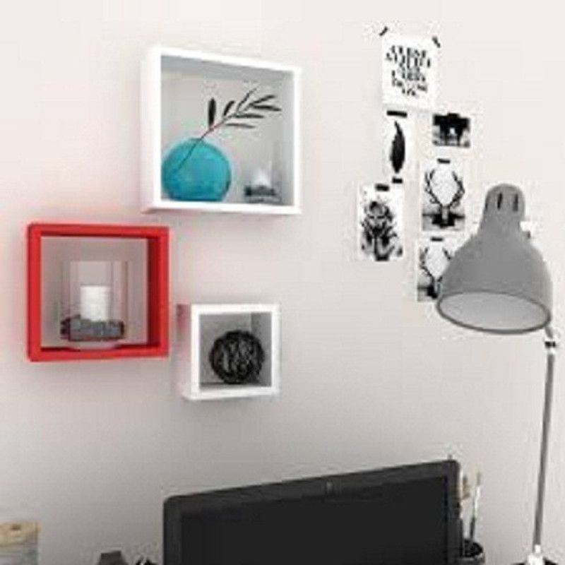 AN Craft Wall Shelf Square Shape Shelves MDF Set of 3 MDF (Medium Density Fiber) Wall Shelf  (Number of Shelves - 3, Red, White)