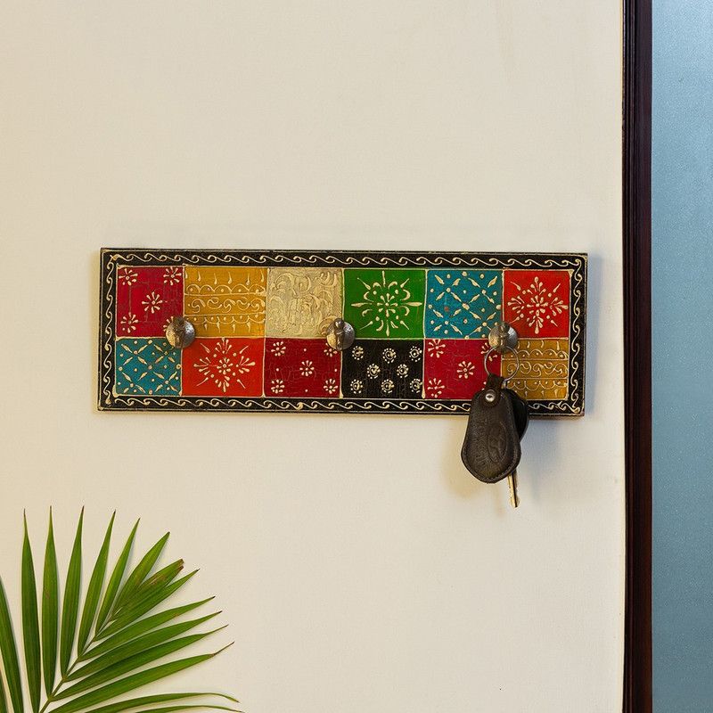 ExclusiveLane Hand-painted Decorative Wood Key Holder  (3 Hooks, Multicolor)