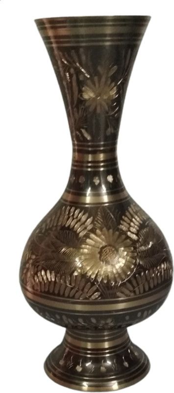 METALCRAFTS Brass Flower Vase, Polish and Carving work, shinning black and golden colour, suitable for real & artificial flowers, home decor, ht. 12", 30 cm Brass Vase  (11.8 inch, Gold, Black)
