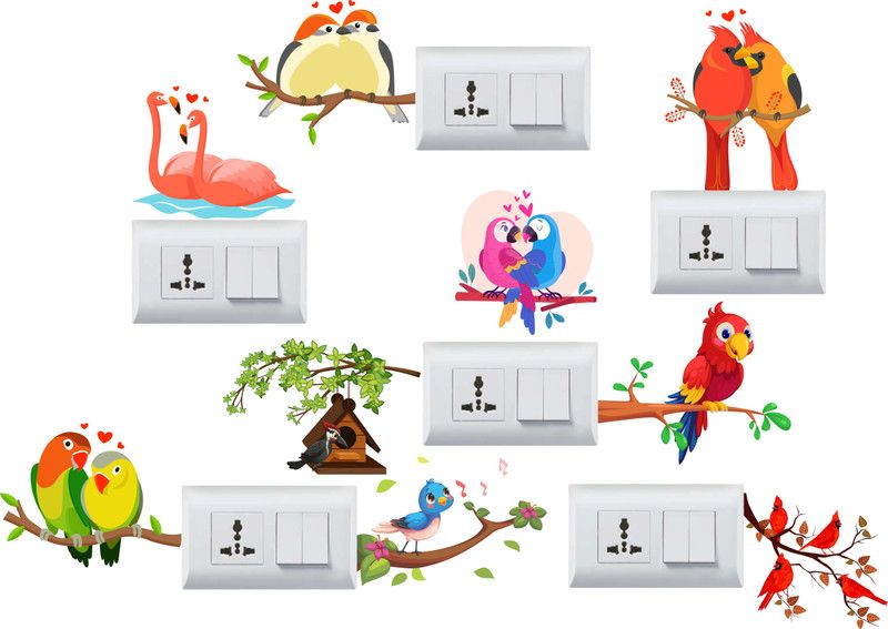 Design Zoo 13 cm Colorful Birds Switchboard Sticker Self Adhesive Sticker  (Pack of 9)