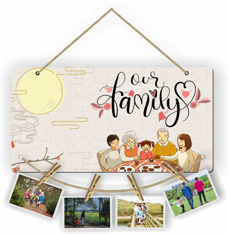 KK CRAFT Our Family Beautiful Wall Hanging With 4 Photo Decorative Wooden Clips  (Beige)