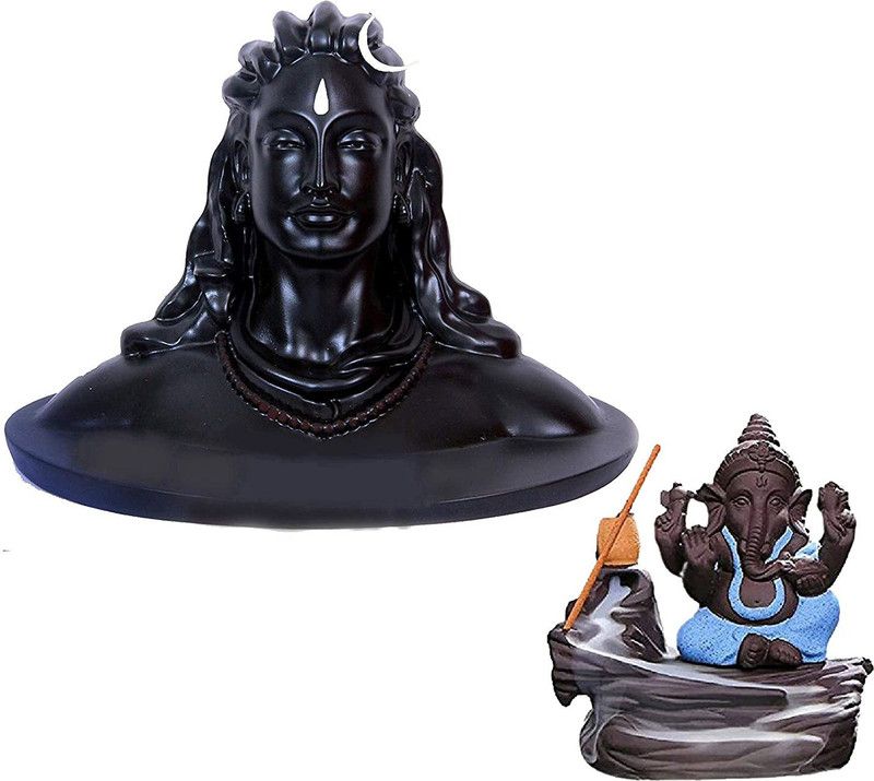 JASH ENTERPRISE Adiyogi Shiva Idol & Ganesh Incense Holder Port for Home Decor, Gift & Puja, Car Dashboard Statue, Matte Black, ( PACK OF 2 ) COMBO Decorative Showpiece - 11 cm  (Marble, Black, Multicolor)