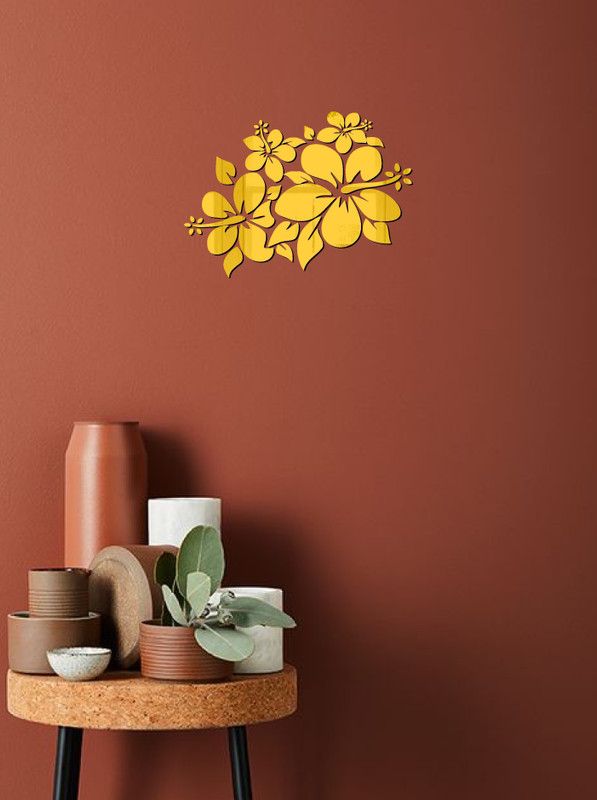 Aalam Designs 10.16 cm decorative flowers golden acrylic sticker Self Adhesive Sticker  (Pack of 1)