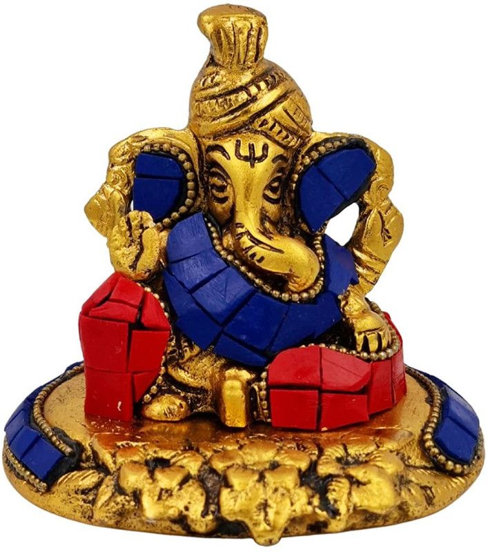 Pranjals House Metal Stone Ganesh Idol Ganesh Ganpati Blessing Statue Puja Murti Ganesh Gift. Decorative Showpiece - 8.89 cm  (Aluminium, Multicolor)