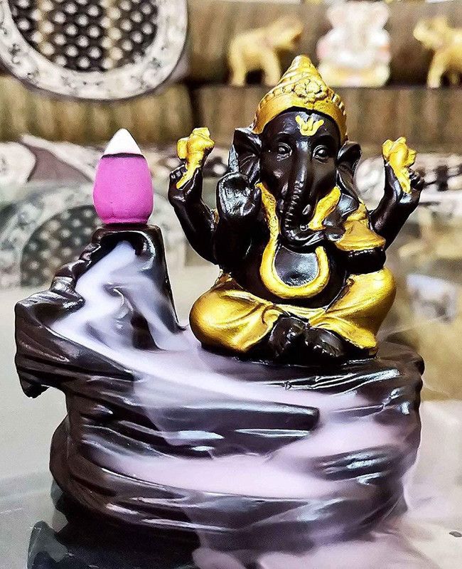 eCraftIndia Lord Gold Ganesha Smoke Backflow Cone Incense Holder Decorative Showpiece Decorative Showpiece - 12 cm  (Polyresin, Black, Gold)