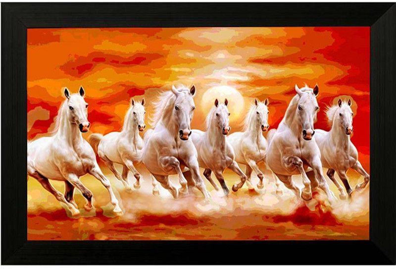 Pintura 7 running horses Ink 12 inch x 18 inch Painting  (With Frame)