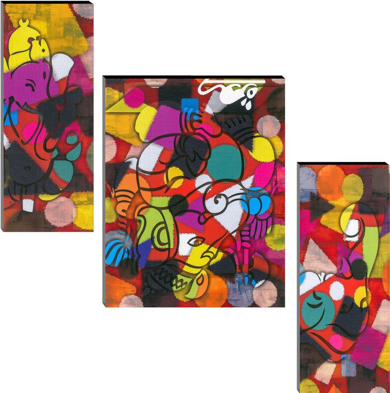 Indianara Set of 3 Lord Ganesha MDF Art Painting (2968FL) without glass (4.5 X 12, 9 X 12, 4.5 X 12 INCH) Digital Reprint 12 inch x 18 inch Painting  (With Frame, Pack of 3)