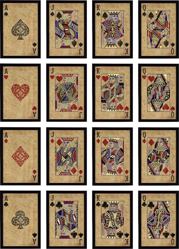 Ritwika's Set Of 16 Premium Artwork Of King, Queen, Jack and Ace | Wall Paintings Digital Reprint 13.5 inch x 9.5 inch Painting  (With Frame, Pack of 16)