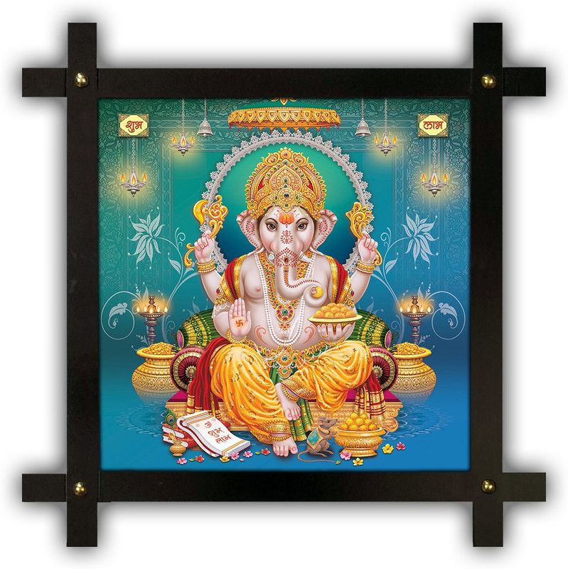 Poster N Frames Cross Wooden Frame Hand-Crafted with photo of Ganeshji (ganpati) 20716-crossframe Digital Reprint 16.5 inch x 16.5 inch Painting  (With Frame)