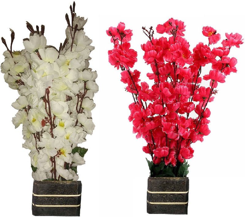 Sofix White, Red Orchids Artificial Flower with Pot  (16 inch, Pack of 2, Flower with Basket)