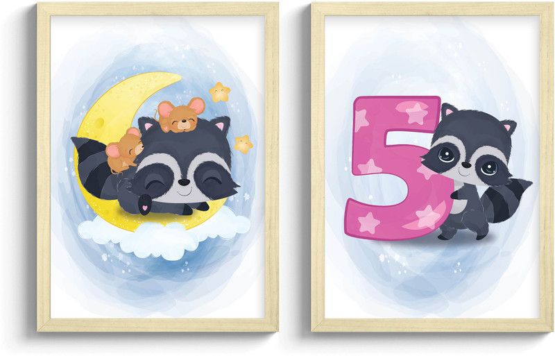 SC CREATIVES Set of 2 Joyful Little Raccon Wall Decor | Boho Room Decor - Wooden Frame | Ready To Hang Digital Reprint 12 inch x 9 inch Painting  (With Frame, Pack of 2)
