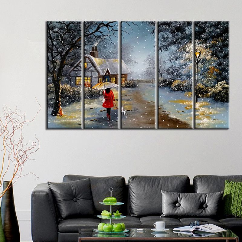 uDecore Village Street Rainfall Wall Painting/Canvas Print Wall Hanging/Home Decor for Living Room, Bedroom, Office Decoration in 5 Panel set (Size W-100 cm x H-61 cm) Canvas 24 inch x 39.3 inch Painting  (With Frame, Pack of 5)