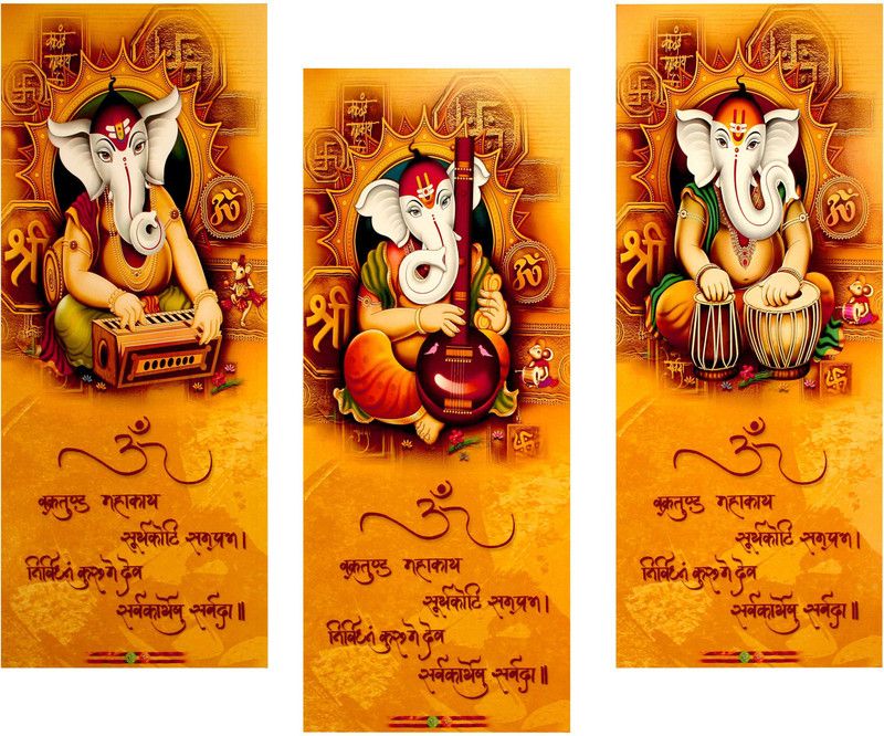 Indianara SET OF 3 GANESHA ART PAINTING (2610A) Digital Reprint 15 inch x 6 inch Painting  (Without Frame, Pack of 3)