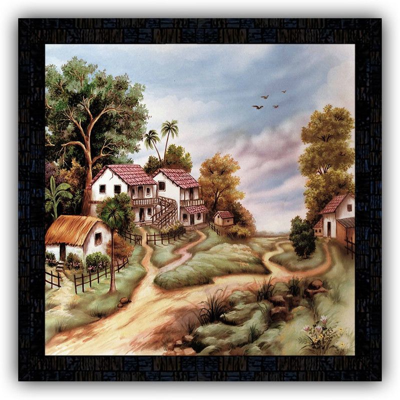 Poster N Frames framed poster of Hand Painted landscape scenery-66 Digital Reprint 14 inch x 14 inch Painting  (With Frame)