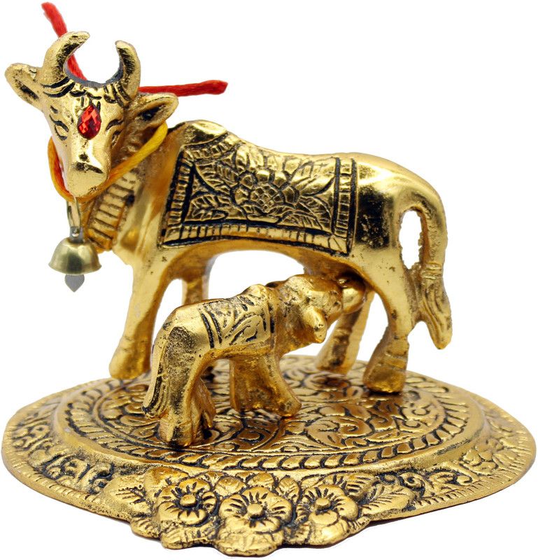 Shree Shyam Handicraft Metal Cow with calf Standing On Base Silver Plated Showpiece Decorative for Home, Office & Table.Exclusive Gifts for corporate gift,Birthday gift,Diwali Gift,wedding gifts Decorative Showpiece - 9 cm  (Metal, Gold)