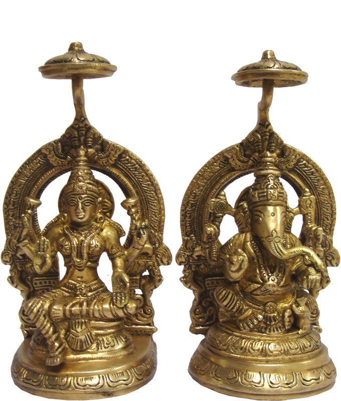 Aesthetic Decors Lakshmi (Laxmi) & Ganesh Sitting W Ring Decorative Showpiece - 19.05 cm  (Brass, Gold)