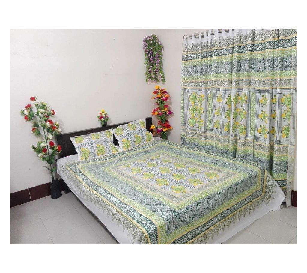 King Size Cotton Multi colors Block Printed Bed Sheet with Matching 2 Pillow Covers-23
