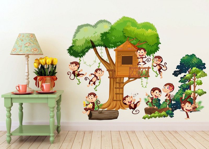 Zampyy 120 cm Monkey's On Tree Self Adhesive Sticker  (Pack of 1)