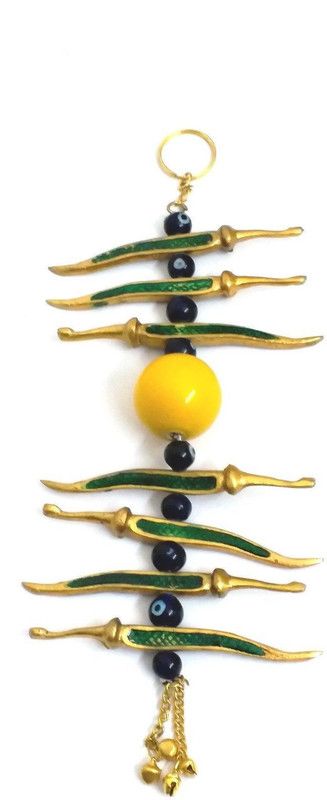 AIR9999 METAL GOLDEN EVIL EYE NIMBU MIRCHI METAL CAR / HOME HANGING Decorative Showpiece - 1 cm  (Wood, Multicolor)