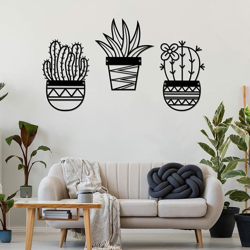 Friends Craft 3 Pieces Cactus Metal Wall Art  (9.8 inch X 7.9 inch, Black)