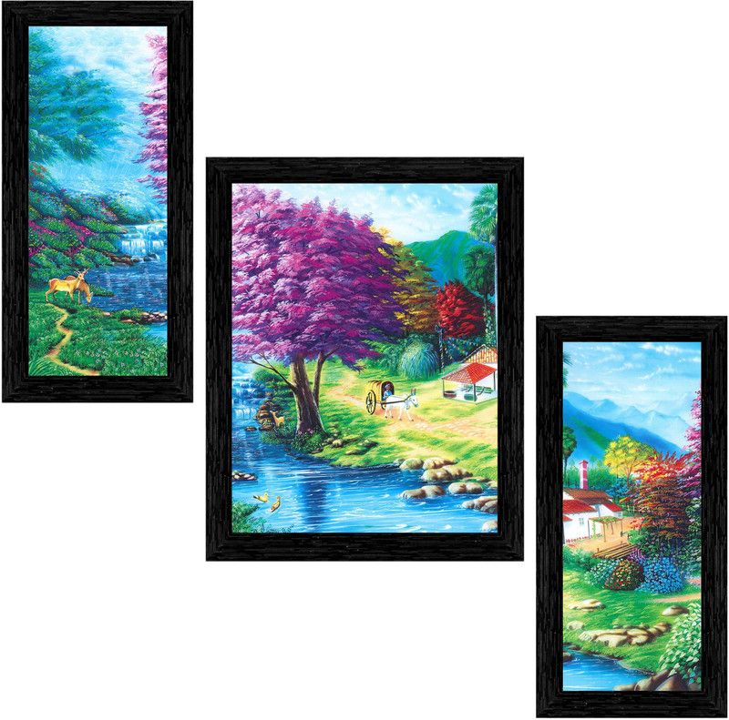 Indianara Set of 3 Nature Framed Art Painting (4134BK) without glass Digital Reprint 13 inch x 10.2 inch Painting  (With Frame, Pack of 3)