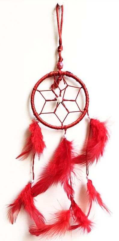 ME&YOU Wall Hanging Round Multicolor Dream Catcher for Attract Positive Dreams Protect Sleeping People Children From Bad Dreams and Nightmares Decorative Showpiece IZ18FDreamCatcherRed-001 Decorative Showpiece - 10 Inch  (Feather, Red)