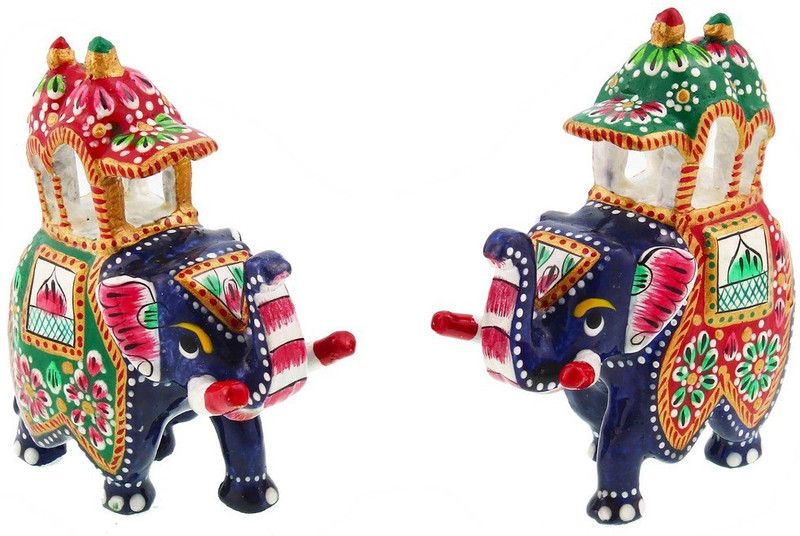 Halowishes Enamel Work Pure Brass Maharaja'S Elephant Pair Gift Handicrafts Decorative Showpiece - 6.5 cm  (Brass, Multicolor)