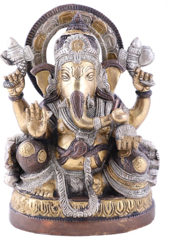 divineind Massive Lord Ganesha Seated on Throne Decorative Showpiece - 22 cm  (Brass, Multicolor)