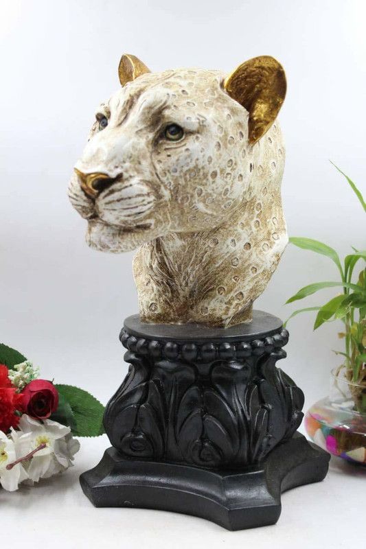 Indicast Handmade Lioness Head Statue Stone Finish Animal Figurines Gifts Antique Design Decorative Showpiece - 45 cm  (Polyresin, White)