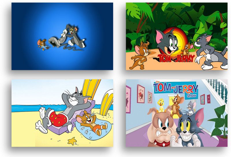 PRINTHUBS 45.72 cm Tom and Jerry Cartoon Poster For Kids Room Home Wall Decor (Size 12x18 In)S12 Self Adhesive Sticker  (Pack of 4)