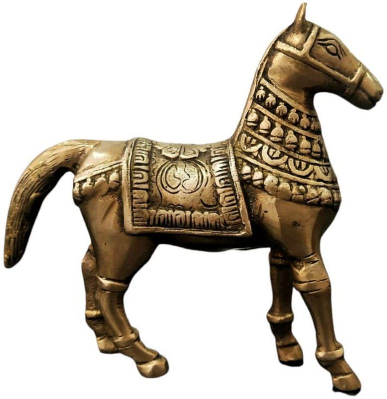 Saanwara Creations Vastu Remedy Horses Matt Golden Colored Brass Horse Statue (Height 7 inch) Decorative Showpiece - 17.78 cm  (Brass, Gold)