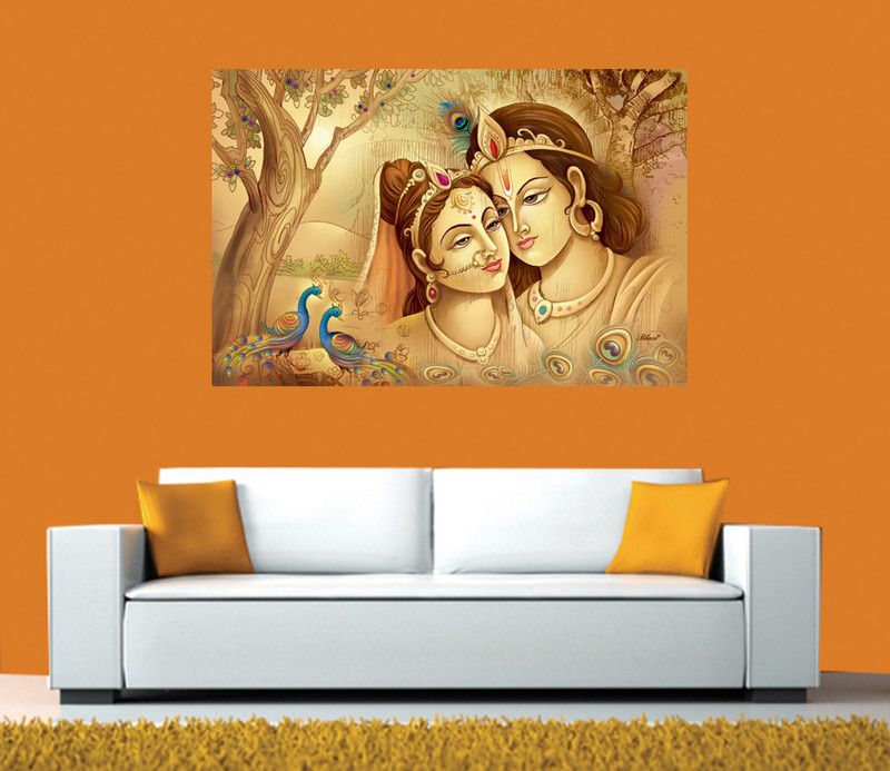 Masstone Lord Radha Krishna Sparkle Coated Self Adhesive Wallpaper Without Frame Digital Reprint 24 inch x 36 inch Painting  (Without Frame)