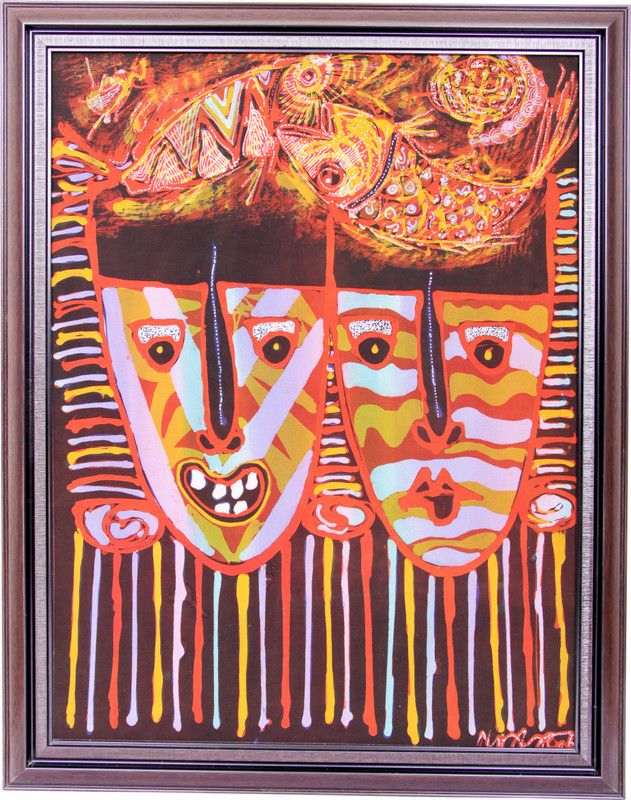 pioneer arts Pioneer Arts Hand painted Tribal Faces , Fishes Cloth Painting indonesia made Digital Reprint 32.5 inch x 25.5 inch Painting  (With Frame)